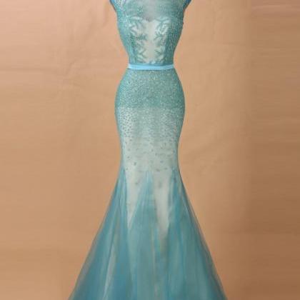 Sheer Beaded Mermaid Long Prom Dress, Evening..