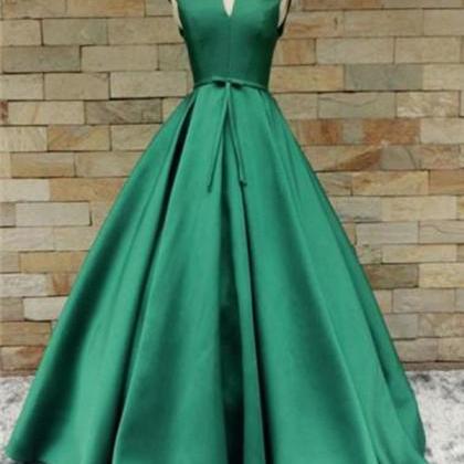 Green Satin Long V Neckline Senior Prom Dress With..