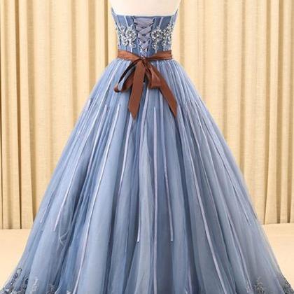 Blue Sweetheart Neckline Long Tulle Prom Dress..