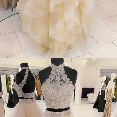 Two-piece Halter Champagne Tulle Long Prom/evening..
