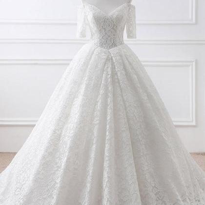 White V-neck Lace Ball Gowns,half Sleeves Lace..