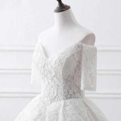 White V-neck Lace Ball Gowns,half Sleeves Lace..