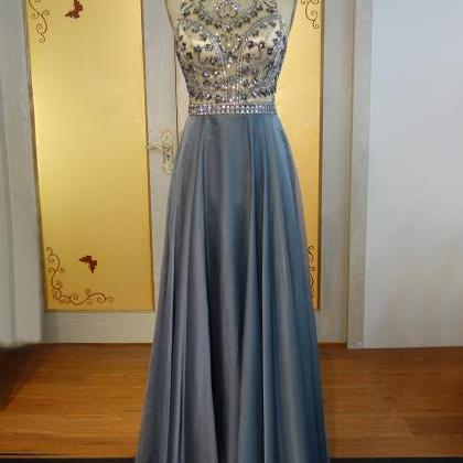 Sexy Open Back Beaded Crystals Gray Prom Dresses..
