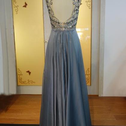 Sexy Open Back Beaded Crystals Gray Prom Dresses..