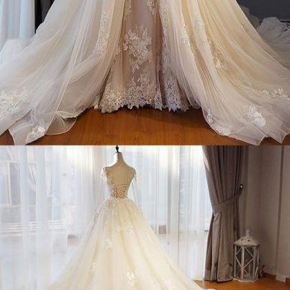 Unique Champagne Tulle Lace Long Prom Dress,..