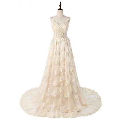 Champagne Lace Appliqués Plunge V Wedding Dress..