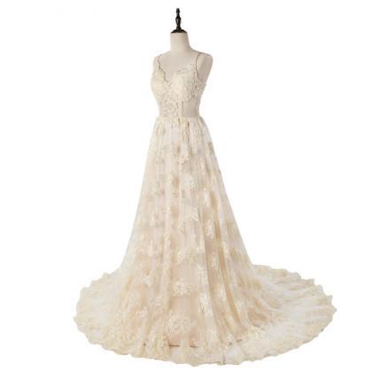 Champagne Lace Appliqués Plunge V Wedding Dress..