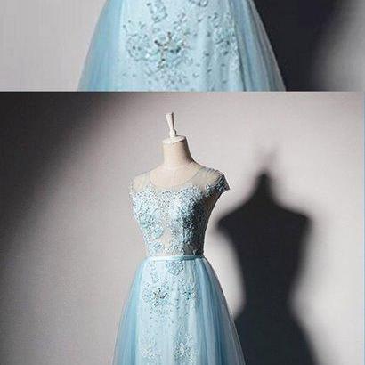 Sky Blue Tulle Long Cap Sleeve Evening Dress With..
