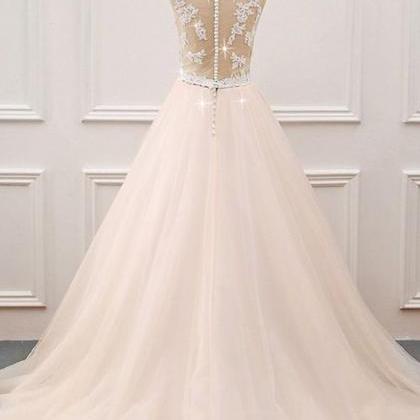 Champagne Tulle Lace Long Prom Dress, Evening..