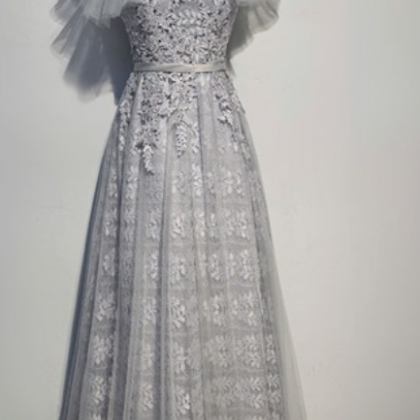 Grey, Silvery Lace Wedding Gown With..