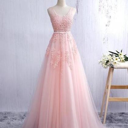 Women's V Neck Light Pink Tulle Prom..