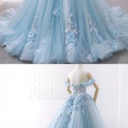 Light Blue Tulle Ball Gown Wedding Dress With Lace..