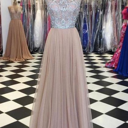 Champagne Tulle Beads Long Prom Dress, Champagne..