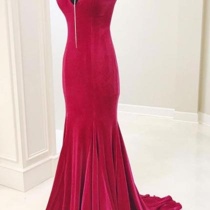 Red V Neck Mermaid Long Prom Dress, Red Evening..