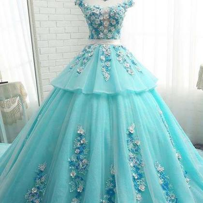 Green Round Neck Tulle Lace Applique Long Prom..