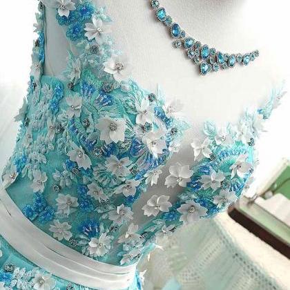 Green Round Neck Tulle Lace Applique Long Prom..