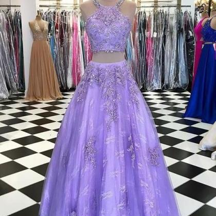 Two Piece Round Neck Lavender Lace Prom Dress With..