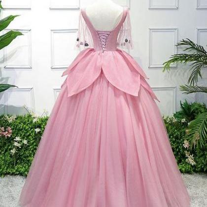 Beautiful Pink Tulle, Lace Prom Dress, V Neck Prom..