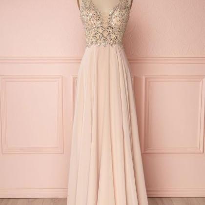 Pink V Neck Beads Sequin Long Prom Dress, Pink..