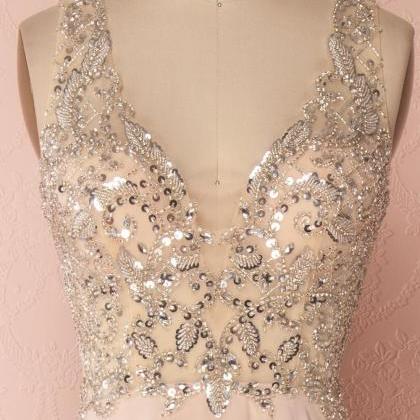 Pink V Neck Beads Sequin Long Prom Dress, Pink..