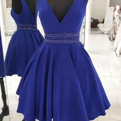Cute V Neck Blue Beads Short Prom Dress, Blue..