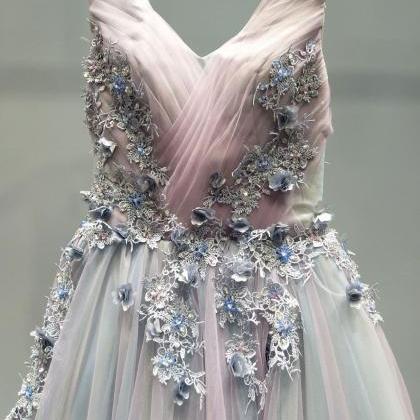 Unique V Neck Tulle Lace Applique Long Prom Dress,..