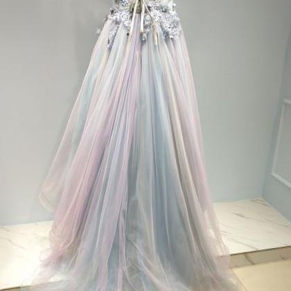Unique V Neck Tulle Lace Applique Long Prom Dress,..