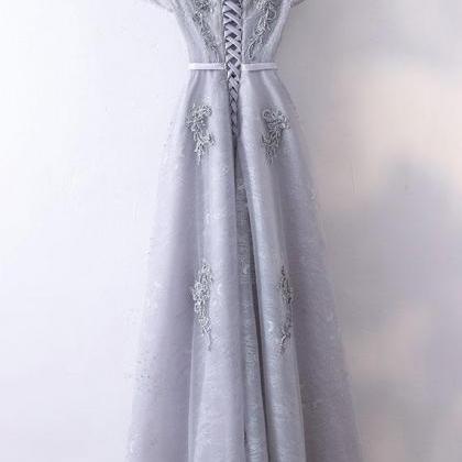Gray V Neck Tulle Lace Beads Long Prom Dress,..