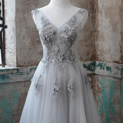 Gray V Neck Lace Applique Tulle Long Prom Dress,..