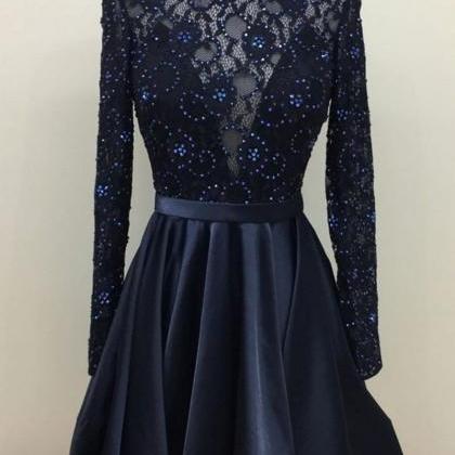 Dark Blue Lace Short Prom Dress, Lace Cute..