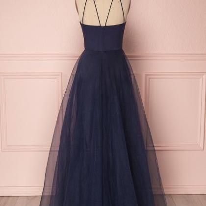 Simple Dark Blue Tulle Long Prom Dress, Blue Tulle..