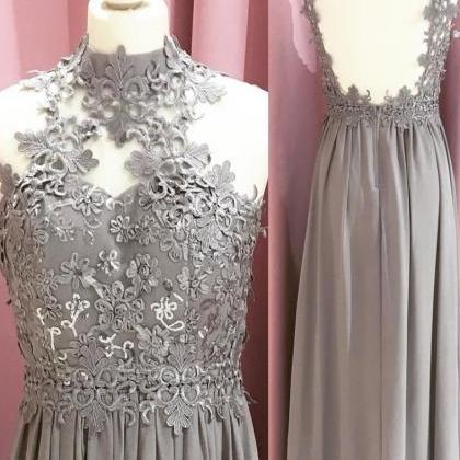 Gray Chiffon Lace Long Prom Dress, Gray Lace Long..