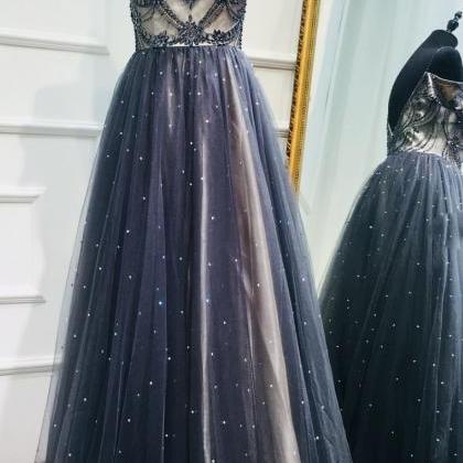 Dark Blue Tulle Sequin Beads Long Prom Dress,..