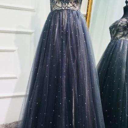 Dark Blue Tulle Sequin Beads Long Prom Dress,..
