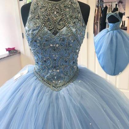 Ball Gown Prom Dresses,blue A-line Scoop..