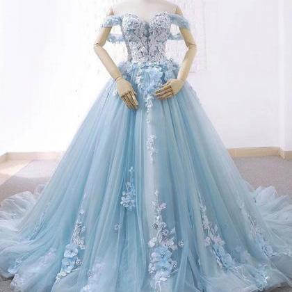 Blue Sweetheart Tulle Lace Long Prom Dress, Blue..
