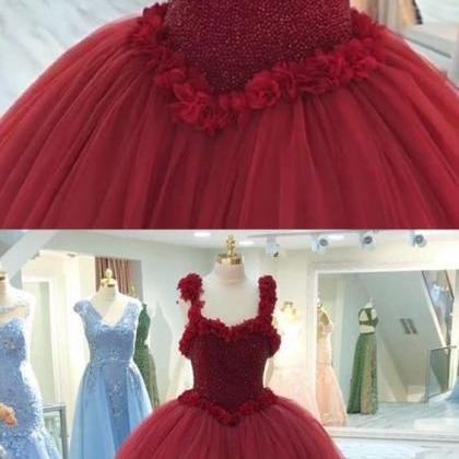 Ball Gown Straps Burgundy Tulle Beaded Quinceanera..