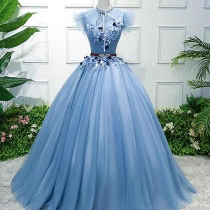 Beautiful Blue Tulle High Neck Prom Dress, Evening..