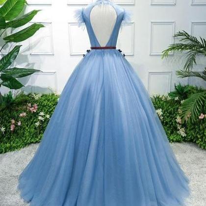 Beautiful Blue Tulle High Neck Prom Dress, Evening..