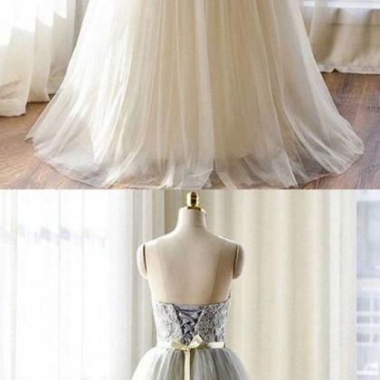 Gray Lace Tulle Long Prom Dress, Lace Evening..