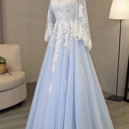 V Neck Light Blue Tulle Prom Dress Lace Appliques..