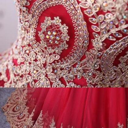 Prom Dress Red Tulle Gold Lace Appliqued Formal..