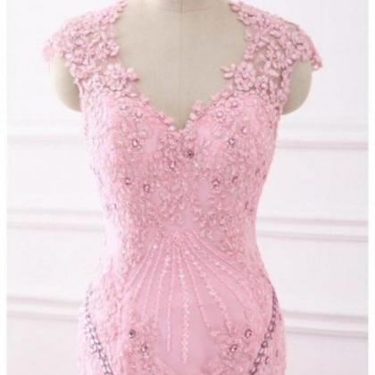 Chic Trumpet/mermaid Pink Prom Dresses With Lace..
