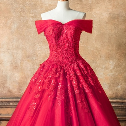 Red Tulle Off Shoulder Long V Neck Prom Dress,..