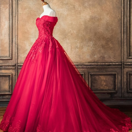 Red Tulle Off Shoulder Long V Neck Prom Dress,..