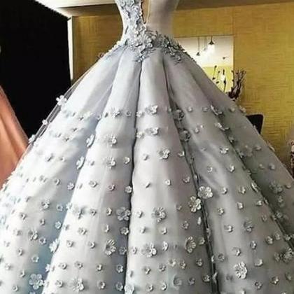 Princess Gray Tulle 3d Flower Lace Long Puffy Ball..