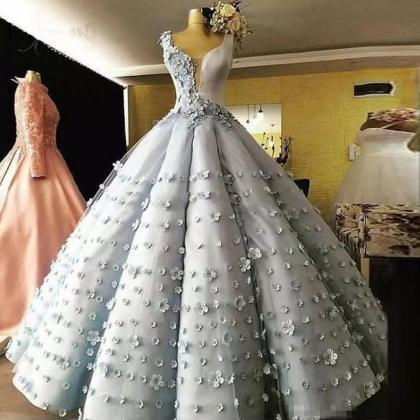 Princess Gray Tulle 3d Flower Lace Long Puffy Ball..