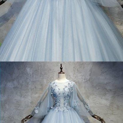 Blue Grey Tulle Scoop Neck Long Beaded Formal Prom..
