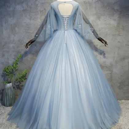 Blue Grey Tulle Scoop Neck Long Beaded Formal Prom..