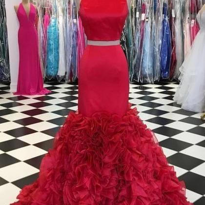 Red Satin Two Pieces Long Mermaid Ruffles Evening..